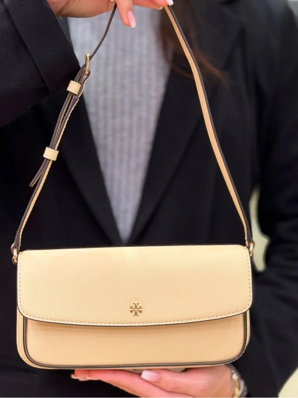 Tory Burch Leather Flap Shoulder Bag Beige Buff Gold Hardware Crossbody NWT $375